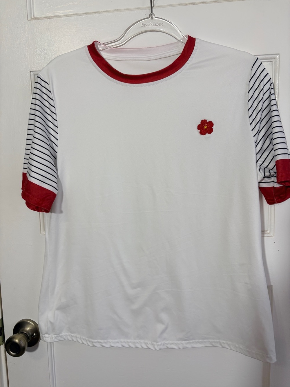 Ladies White Tee with Red Trim & Stripe Sleeves